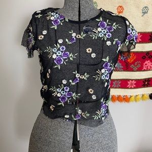 Mesh embroidered floral urban outfitters top